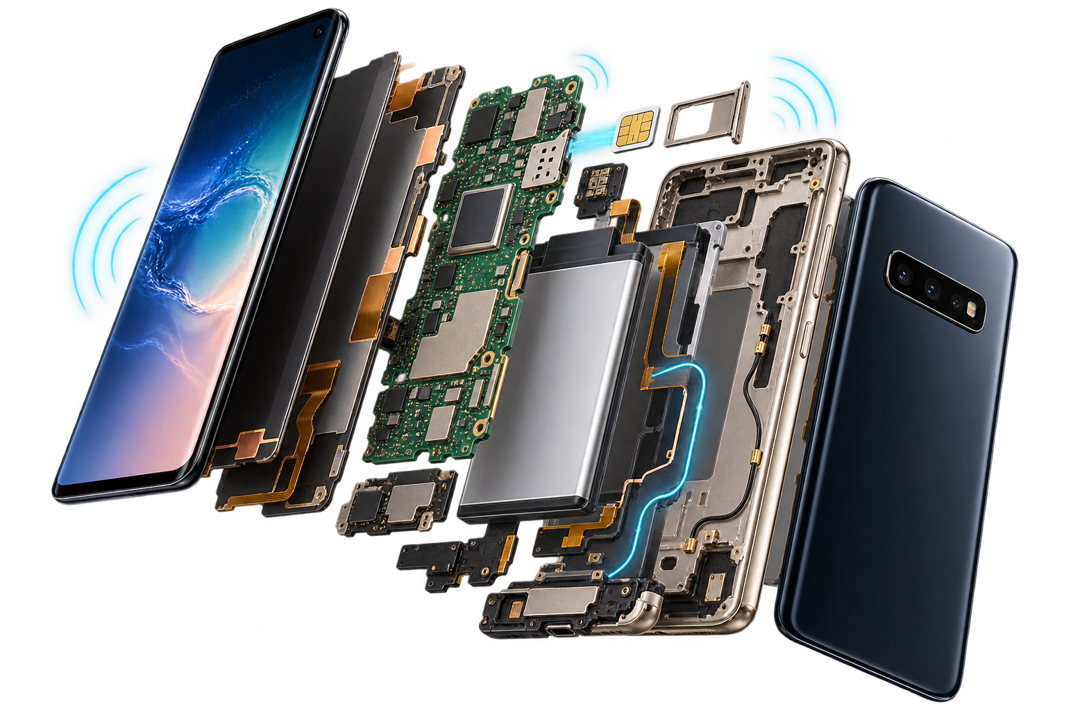 Samsung Galaxy S10 smartphone exploded view showing the screen, battery, SIM and internal components